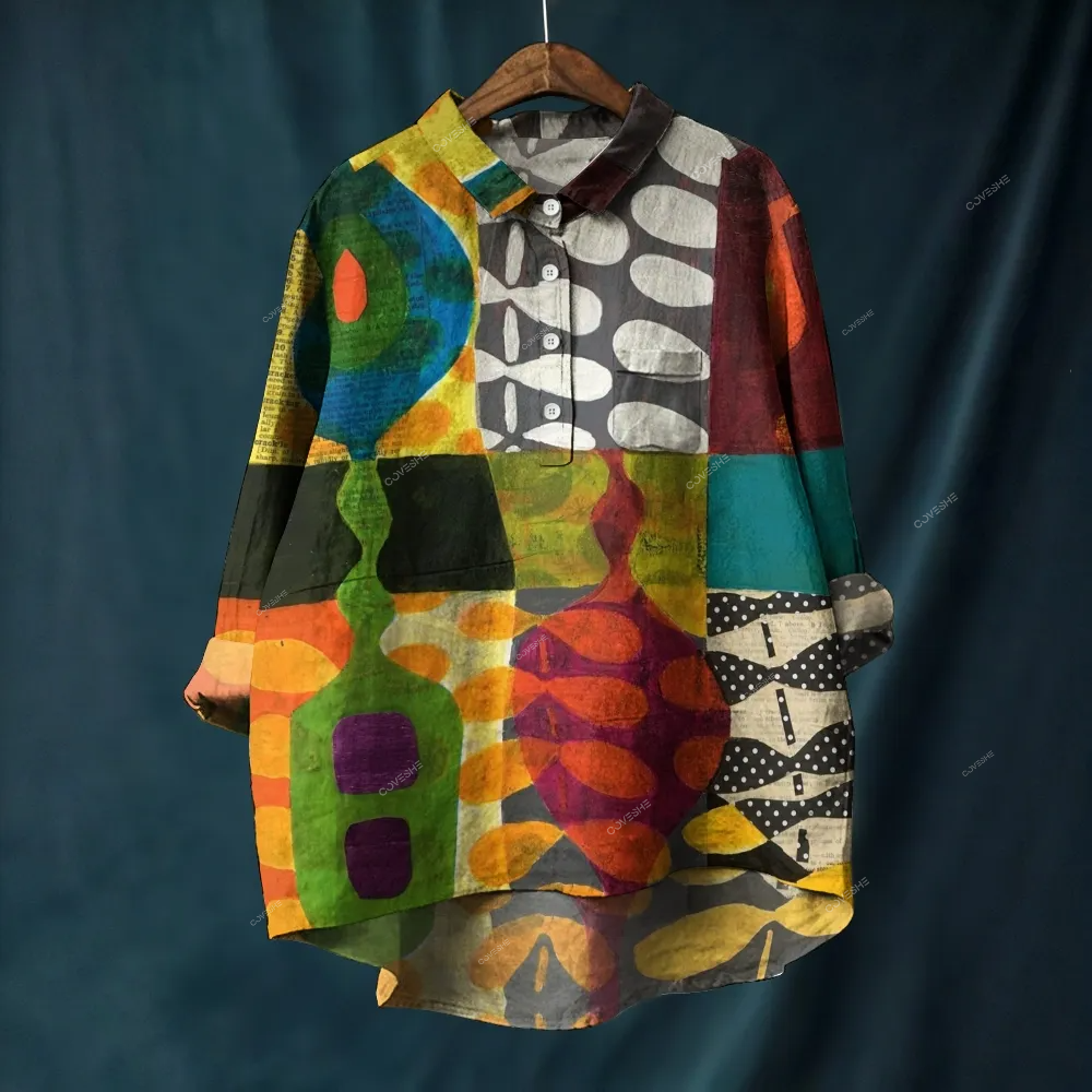 Women's Geometric Splicing Printed Casual Long Sleeve Shirt