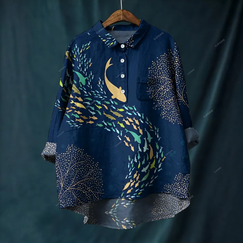 Women's Colorful Fish Printed Casual Long Sleeve Shirt