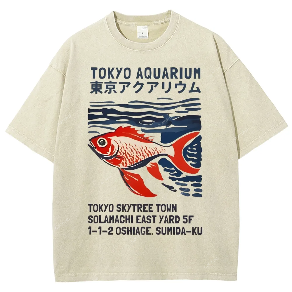 Unisex Japanese Style Fish Printed Washed Tee