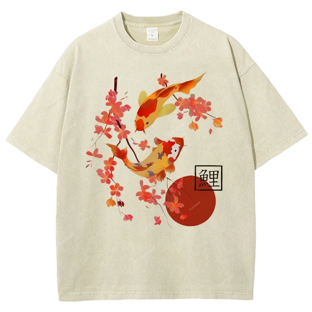 Unisex Vintage Japanese Fish Printed Washed Tee