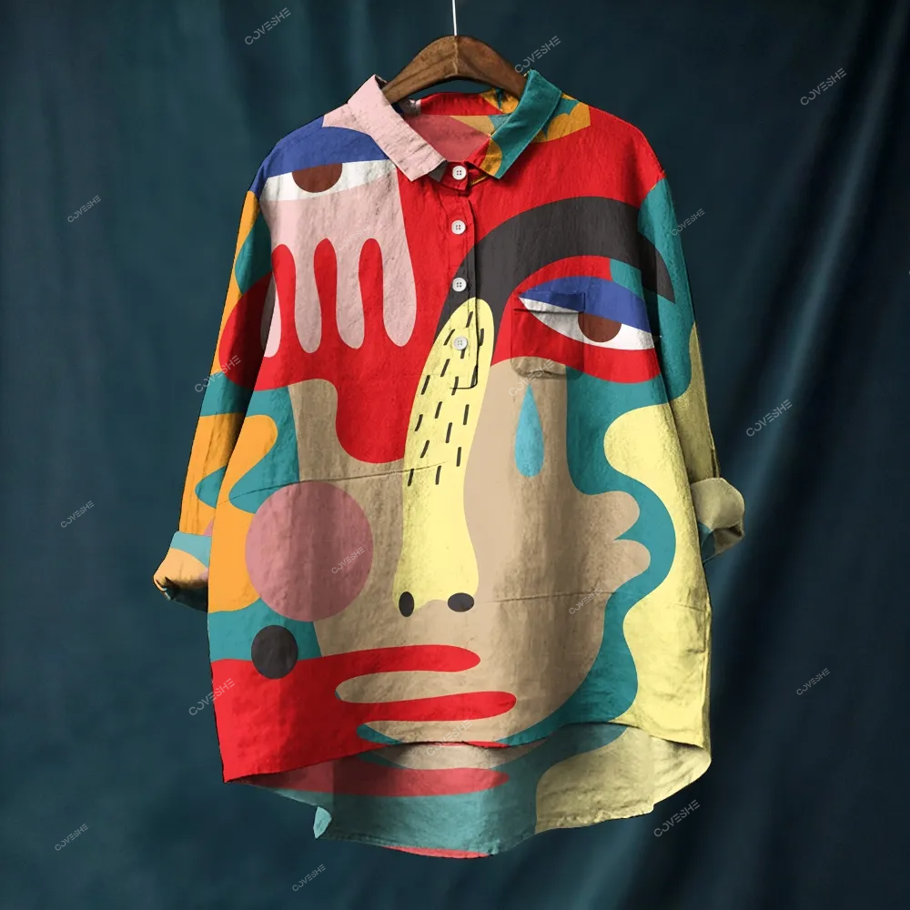 Women's Geometric Abstract Face Printed Casual Long Sleeve Shirt