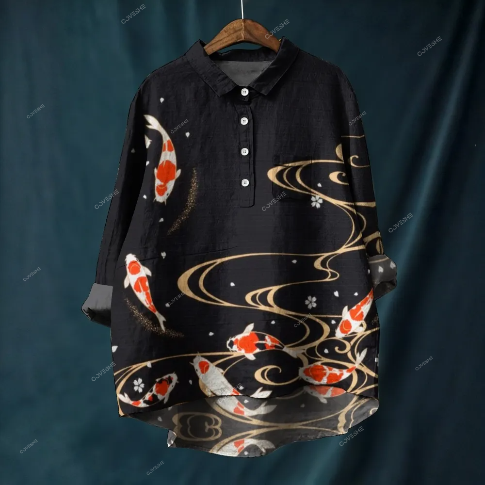 Women's Japanese Koi Printed Casual Long Sleeve Shirt