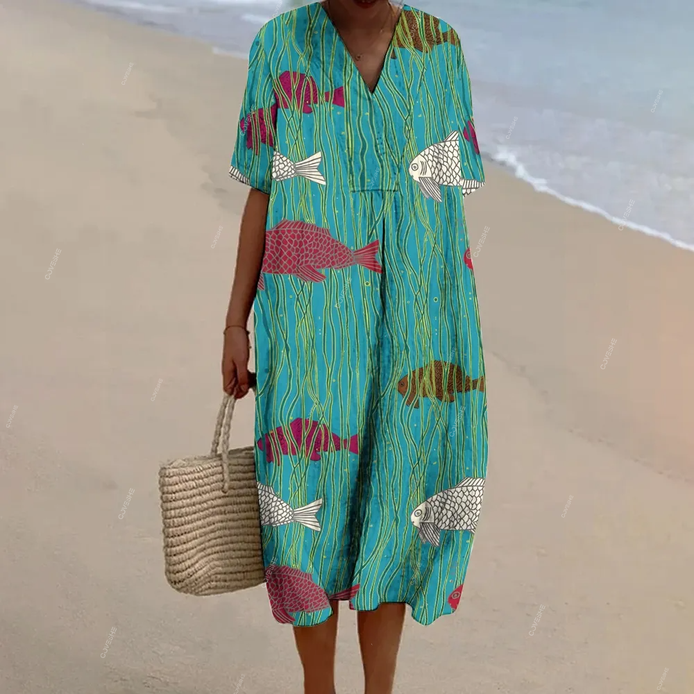 Women's Striped Fish Printed Flowy Dress