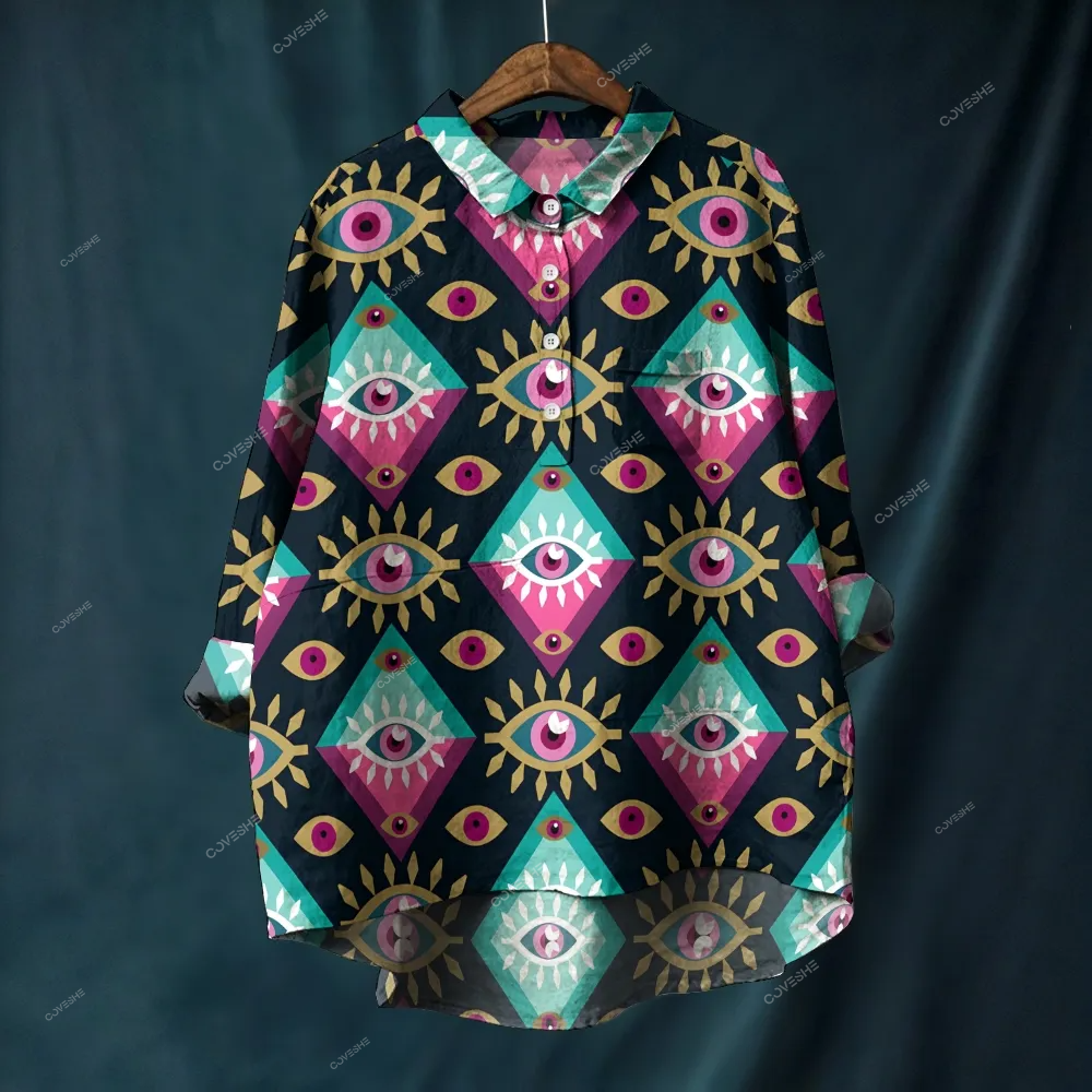 Women's Artistic Geometric Eyes Printed Casual Long Sleeve Shirt