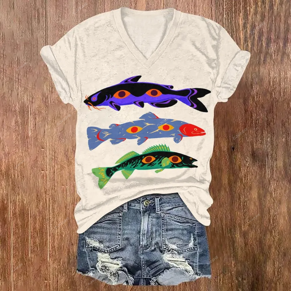 Women's V-neck Colorful Fish Printed Short Sleeve T-shirt