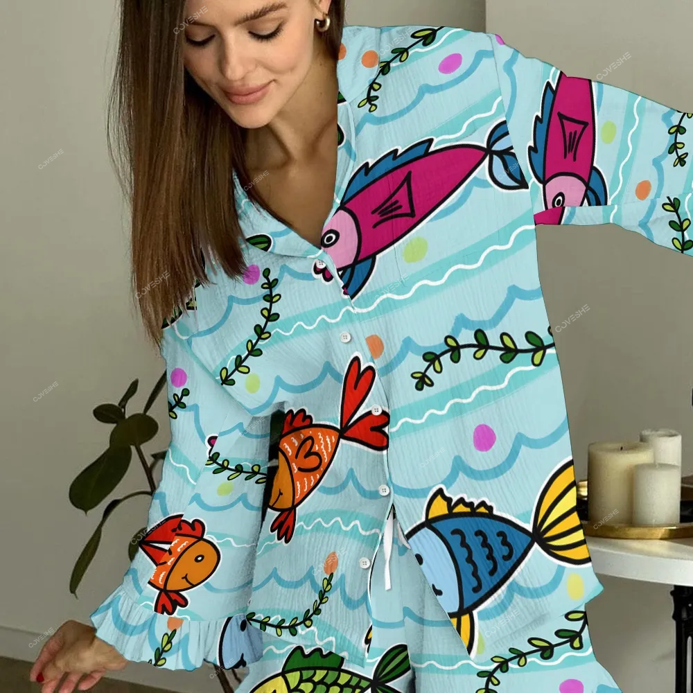 Women's Cartoon Fish Printed Linen Cotton Suit