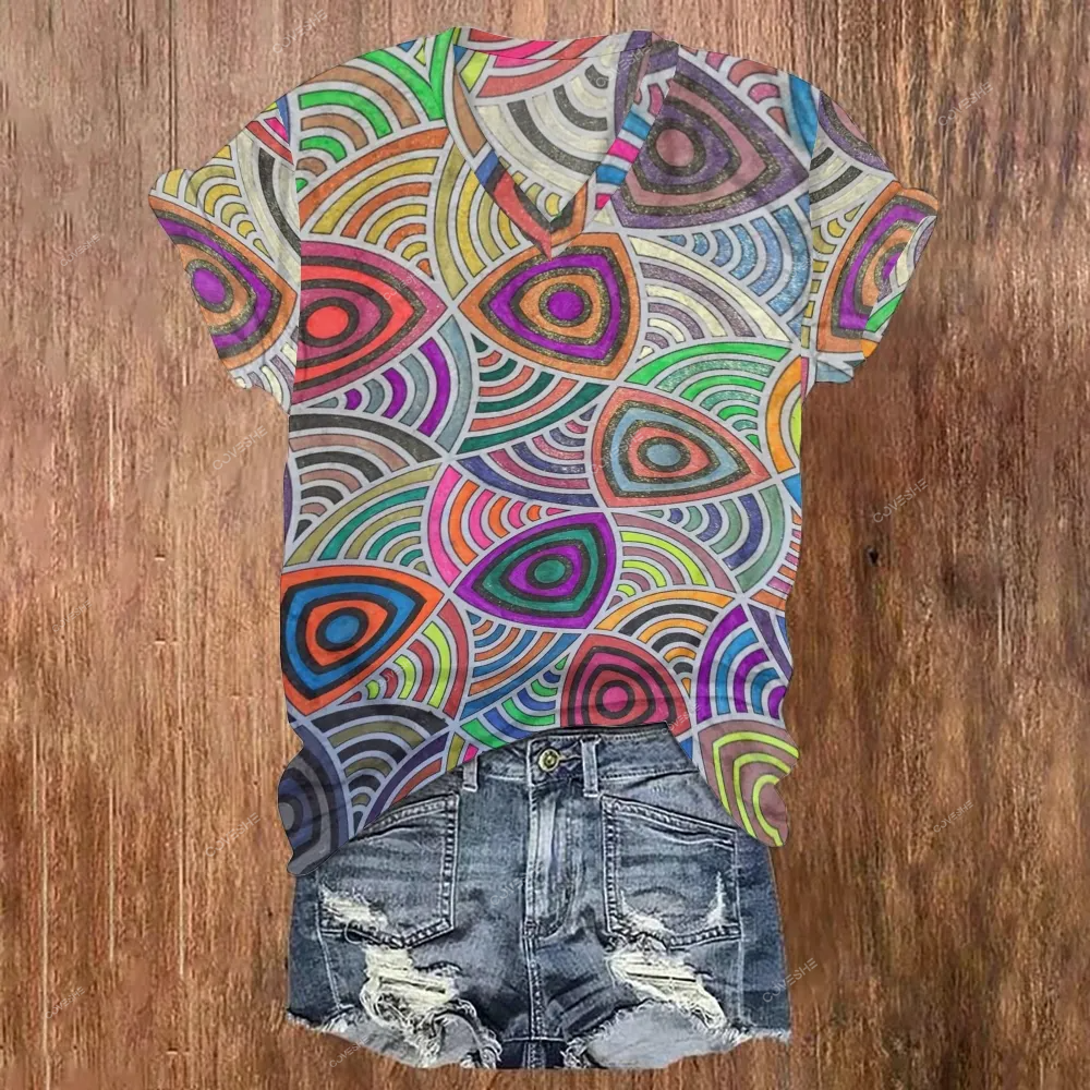 Women's V-neck Colorful Geometry Printed Short Sleeve T-shirt
