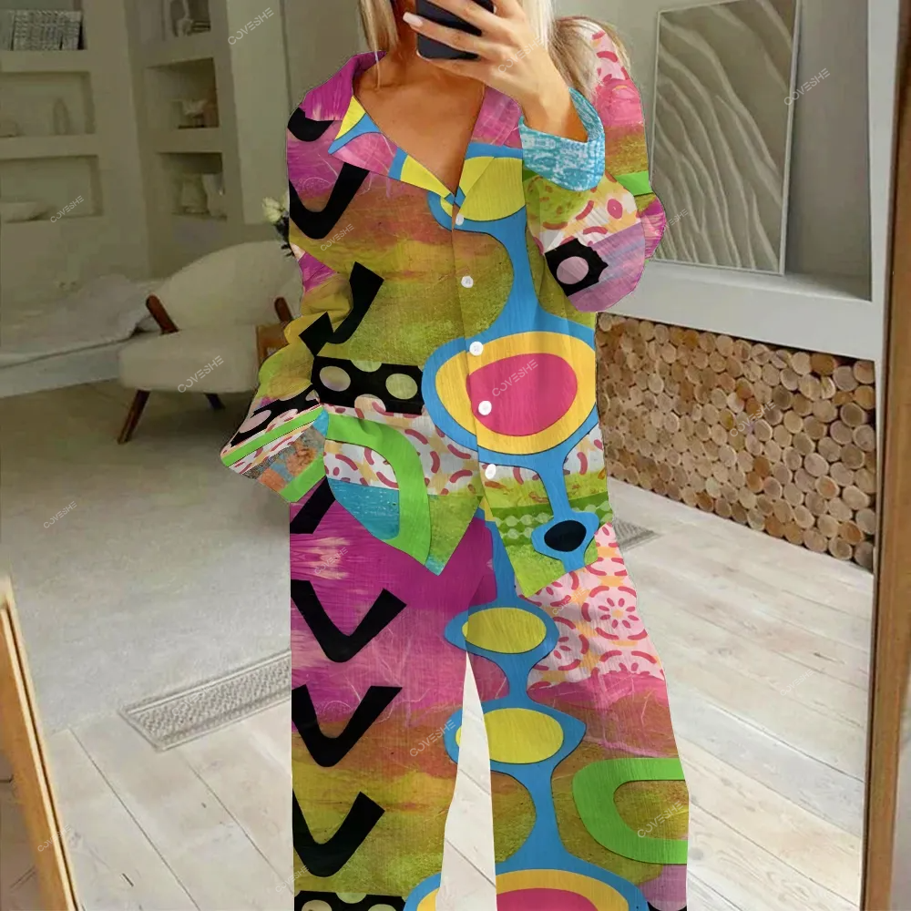 Women's Abstract Art Geometry Printed Cotton Cardigan Homewear Set