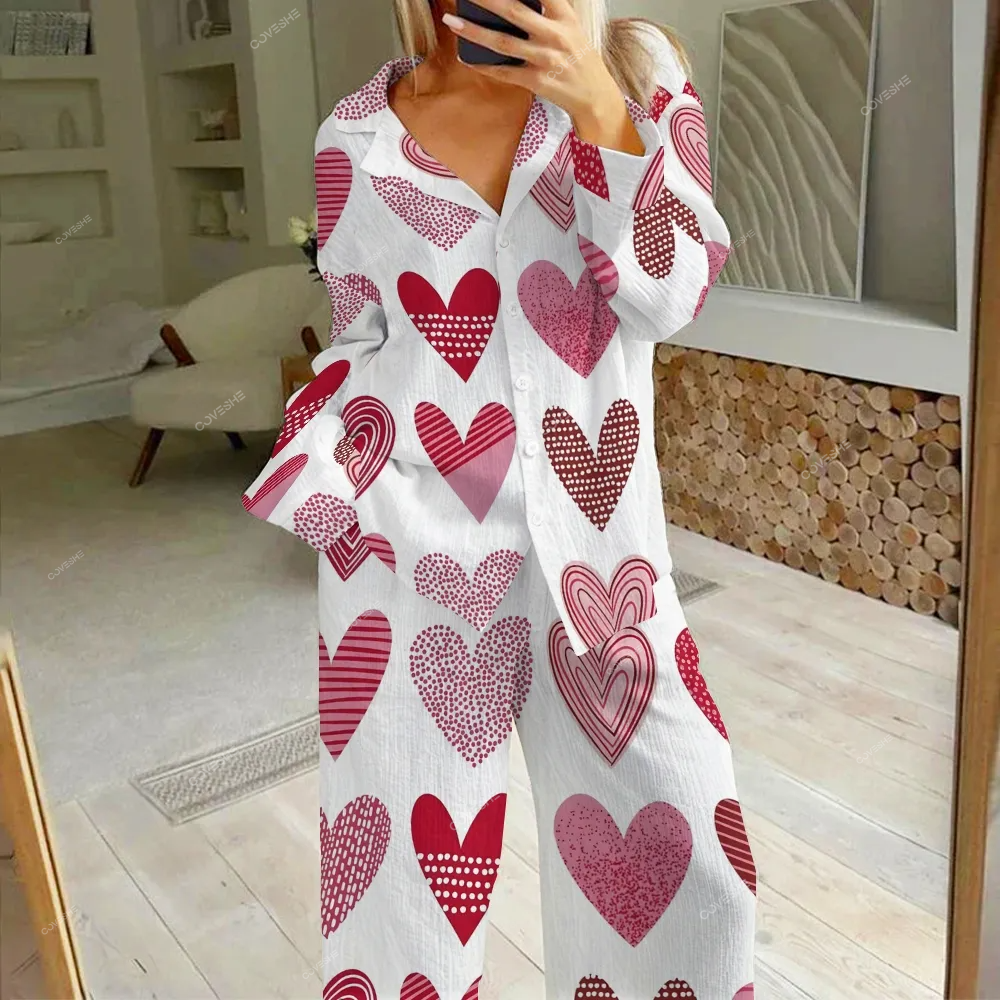 Women's Geometric Heart Printed Cotton Cardigan Homewear Set