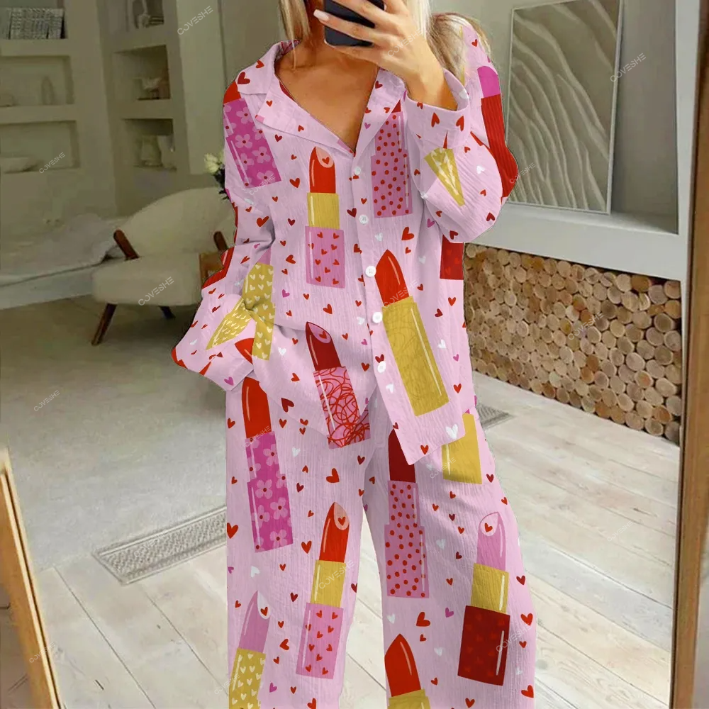 Women's Lipstick Heart Printed Cotton Cardigan Homewear Set