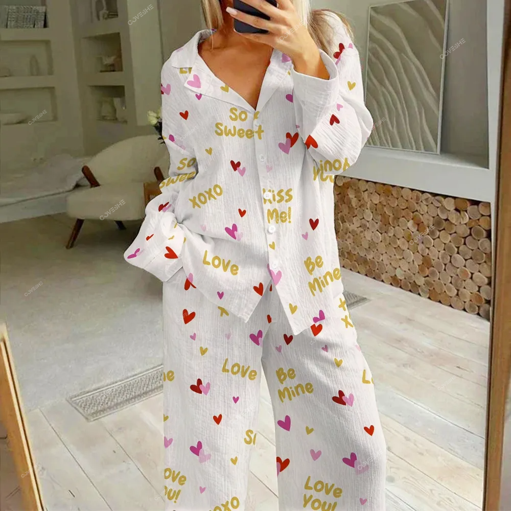 Women's Letters Love Printed Cotton Cardigan Homewear Set