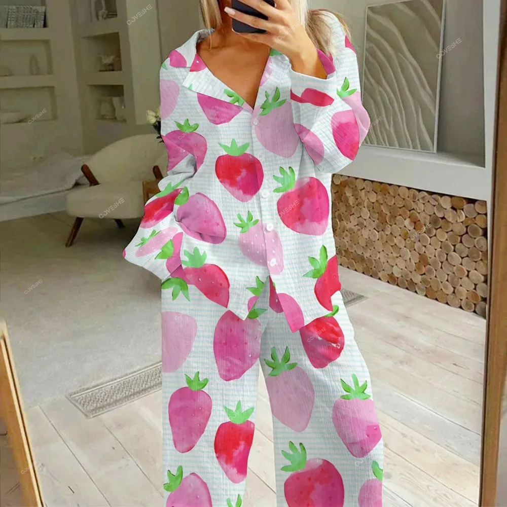 Women's Cartoon Strawberry Printed Cotton Cardigan Homewear Set