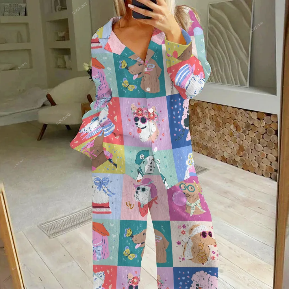 Women's Geometric Cartoon Dog Printed Cotton Cardigan Homewear Set