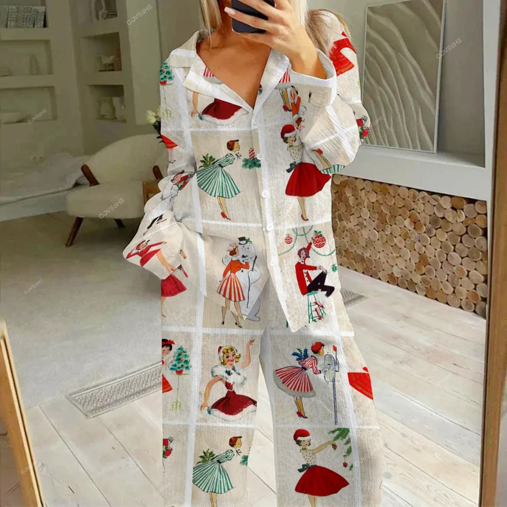Women's Christmas Dancing Girl Printed Cotton Cardigan Homewear Set