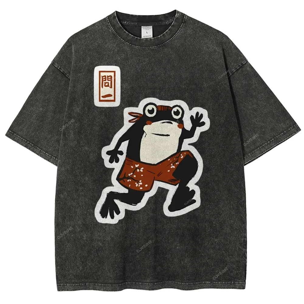 Unisex Japanese Style Frog Printed Washed Tee