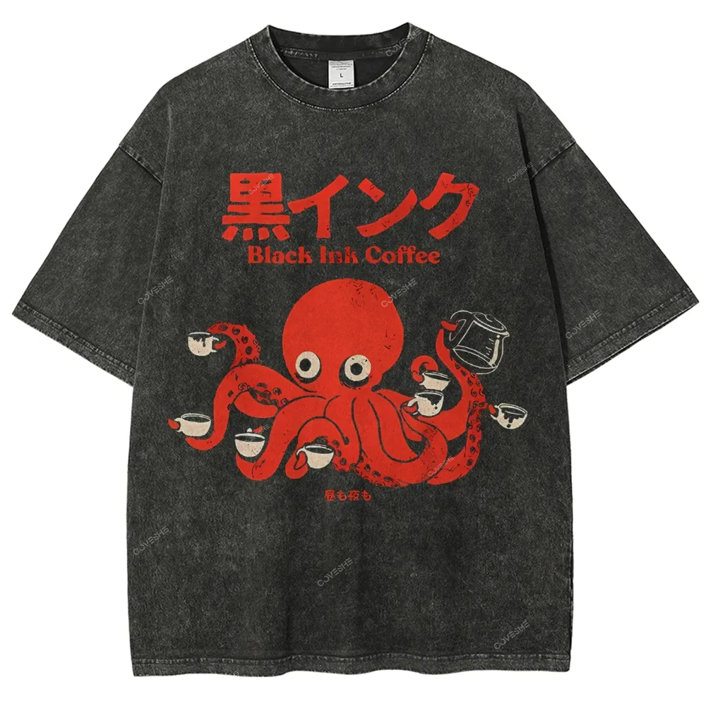 Unisex Japanese Octopus Printed Washed Tee
