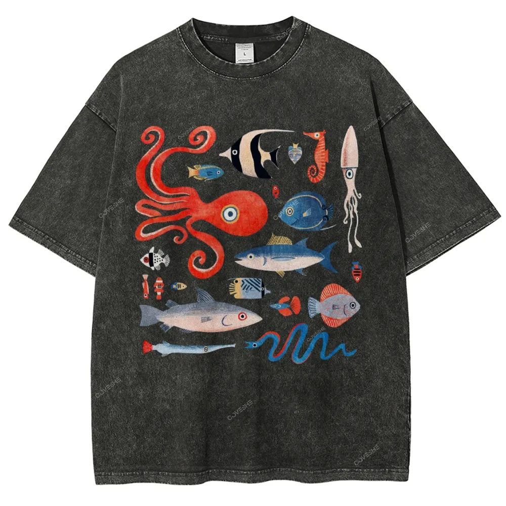 Unisex Octopus And Fish Printed Washed Tee