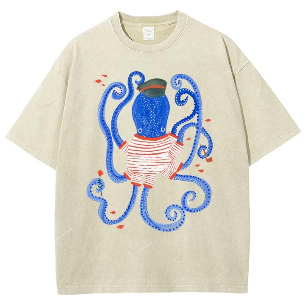 Unisex Octopus And Fish Printed Washed Tee