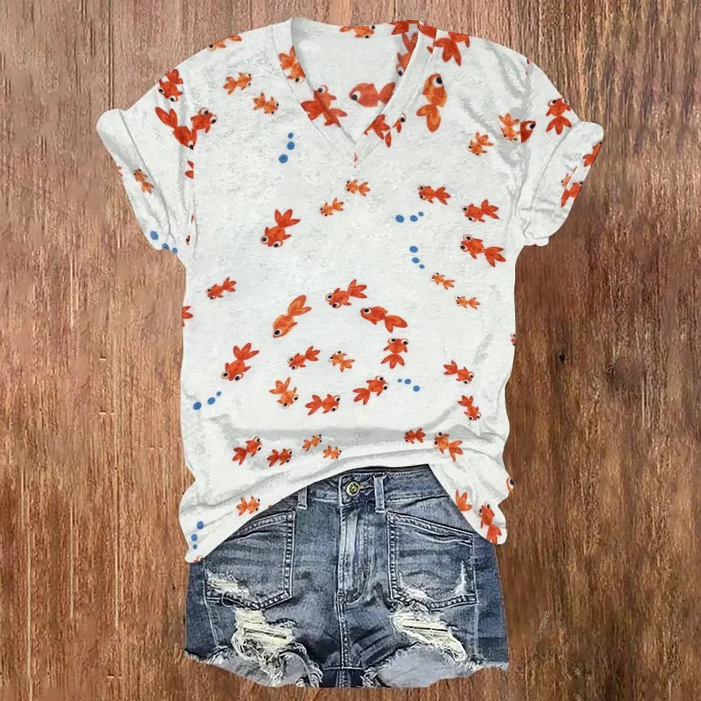 Women's V-neck Little Goldfish Printed  Short Sleeve T-shirt