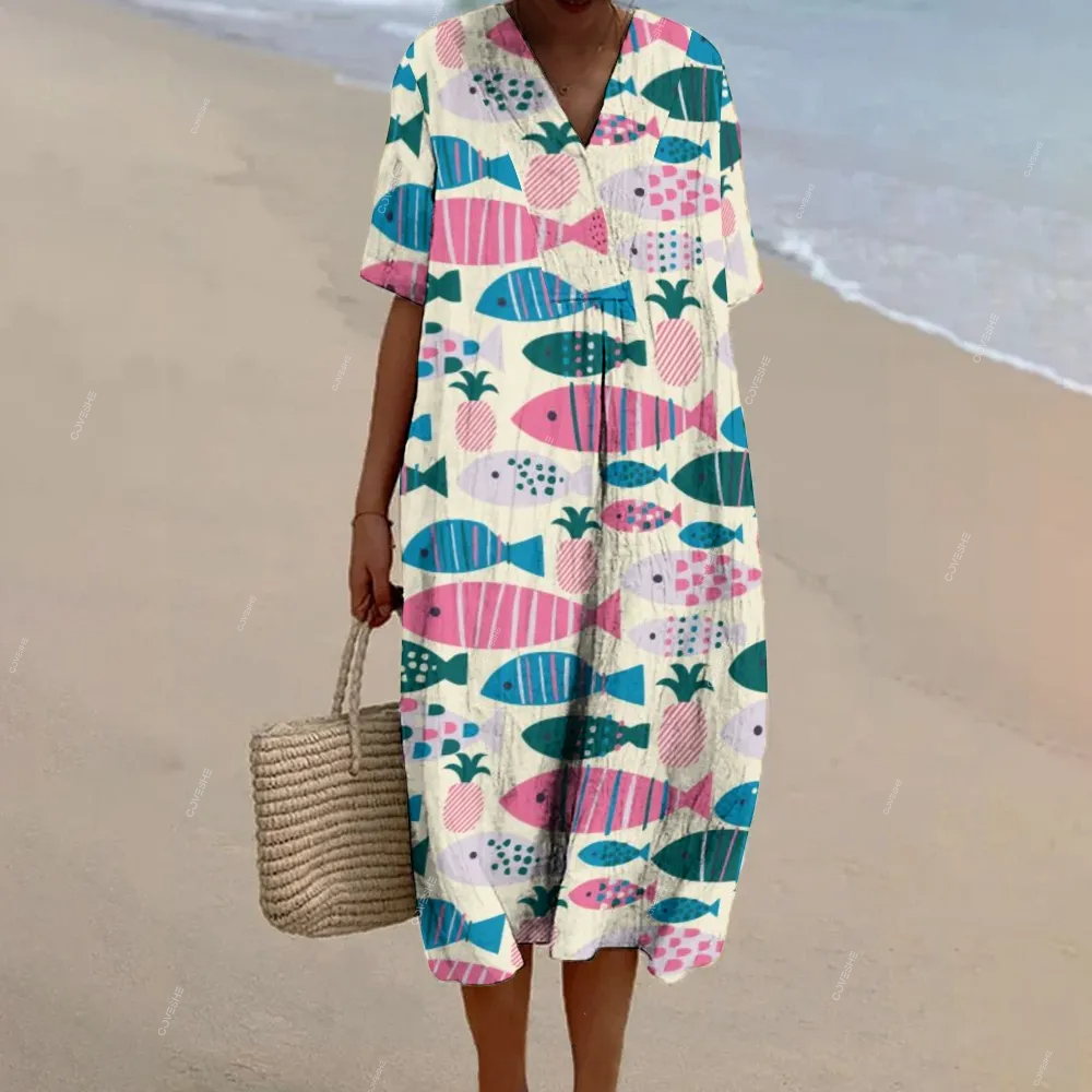 Women's Colorful Geometric Fish Printed Flowy Dress