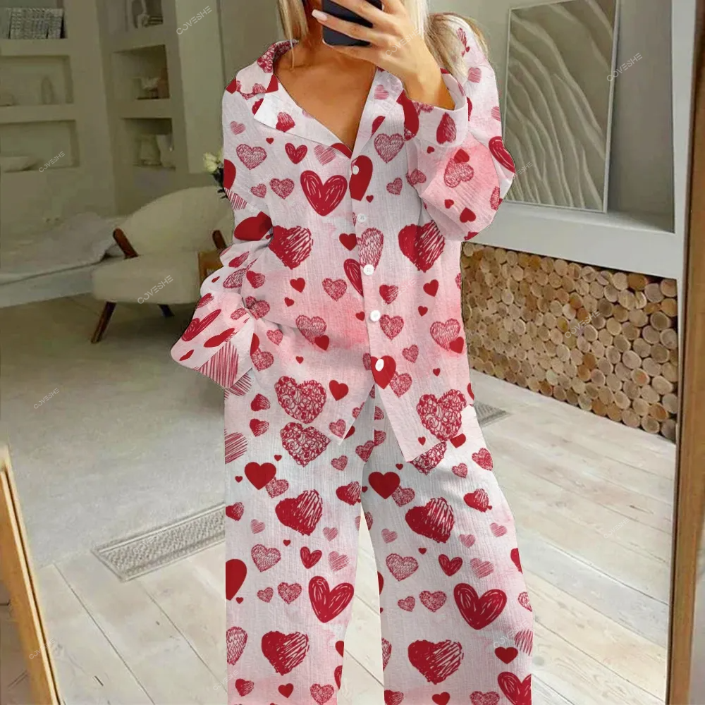 Women's Sfumato Watercolor Hearts Printed Cotton Cardigan Homewear Set
