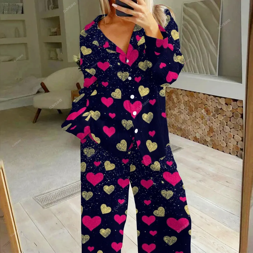 Women's Sequin Hearts Printed Cotton Cardigan Homewear Set