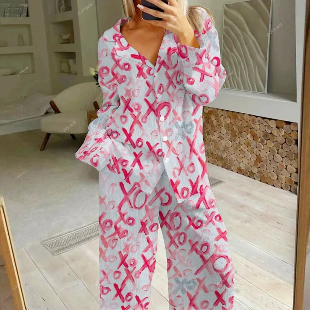 Women's XOXO Letter Printed Cotton Cardigan Homewear Set