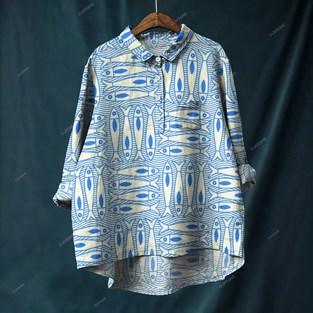 Women's Sardines Printed Casual Long Sleeve Shirt