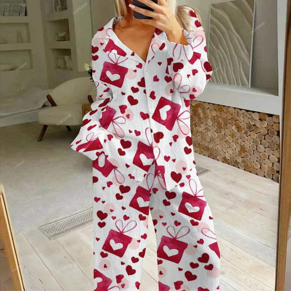 Women's Heart Gift Printed Cotton Cardigan Homewear Set
