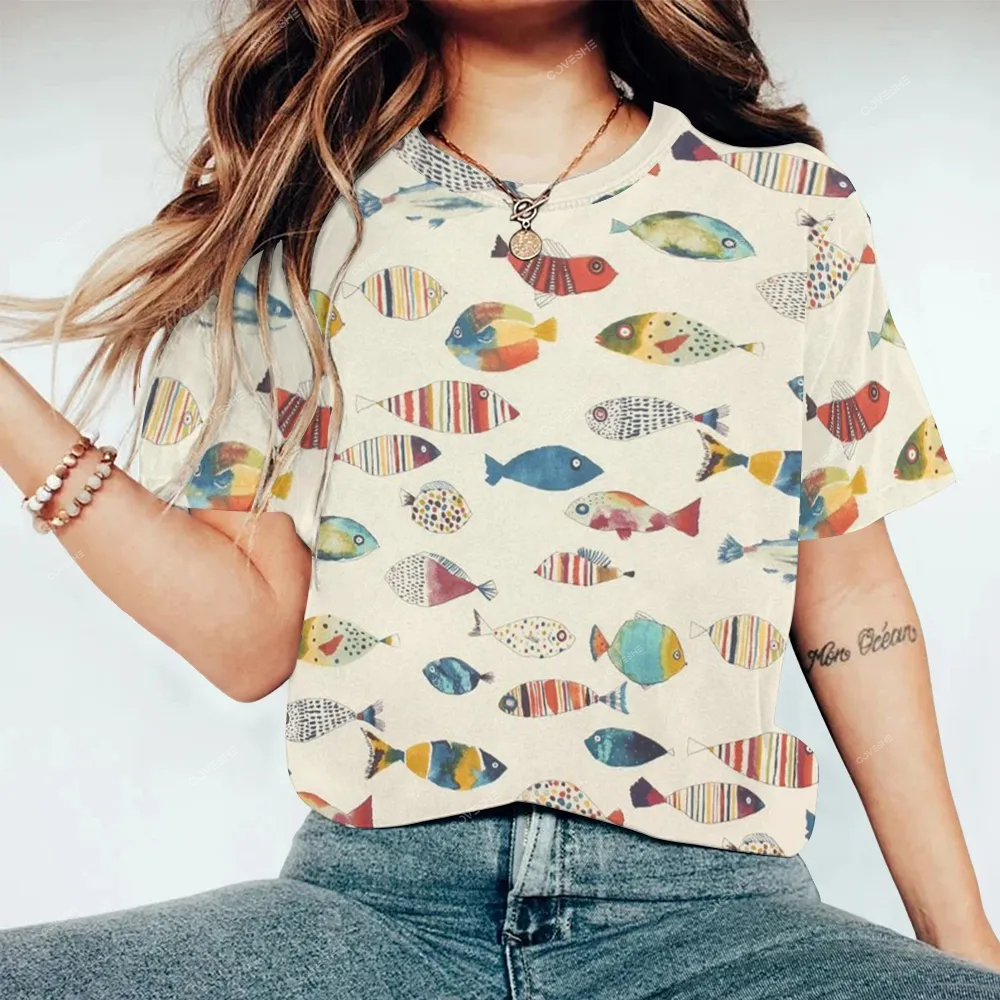 Women's Colorful Geometric Fish Printed Round Neck T-Shirt