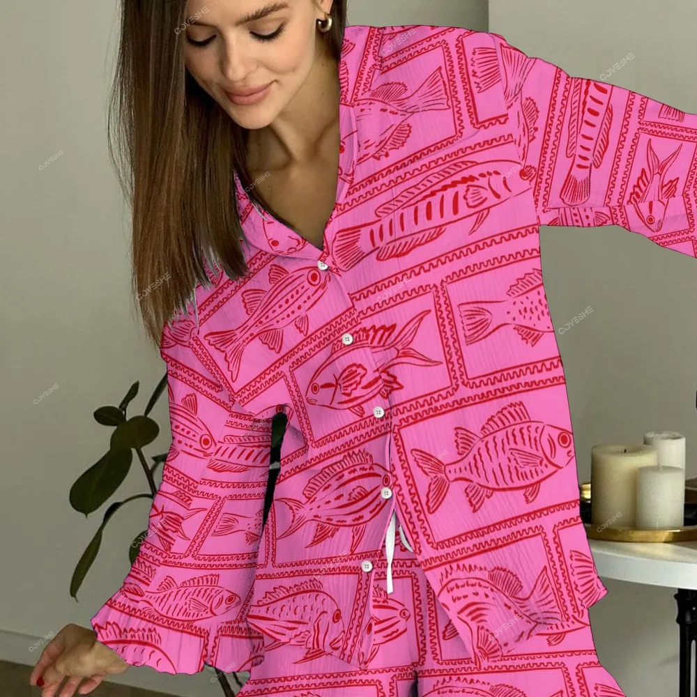 Women's Vintage Geometric Fish Printed Linen Cotton Suit
