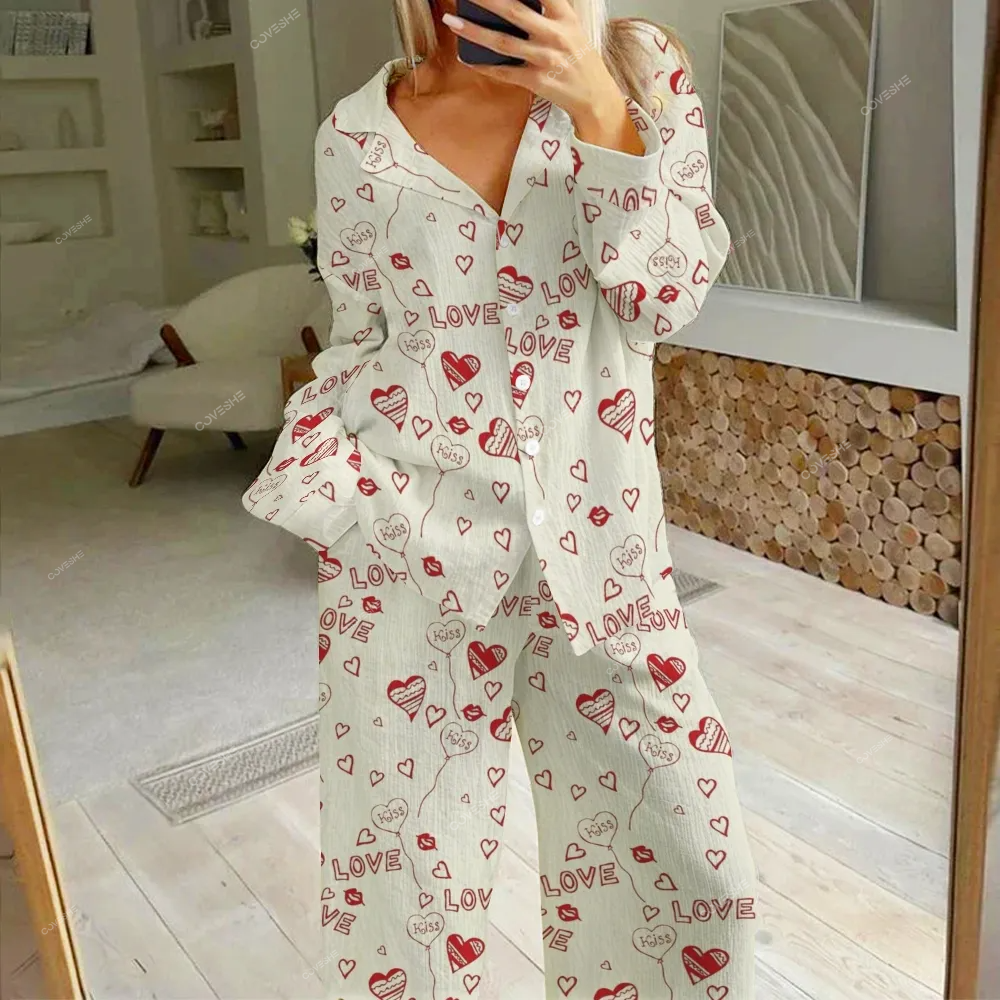 Women's Heart Love Printed Cotton Cardigan Homewear Set