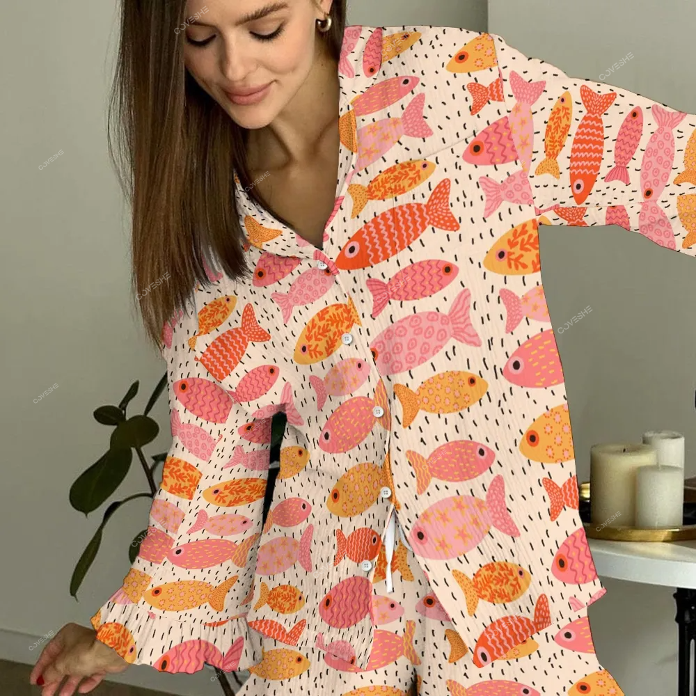 Women's Geometric Fish Printed Linen Cotton Suit