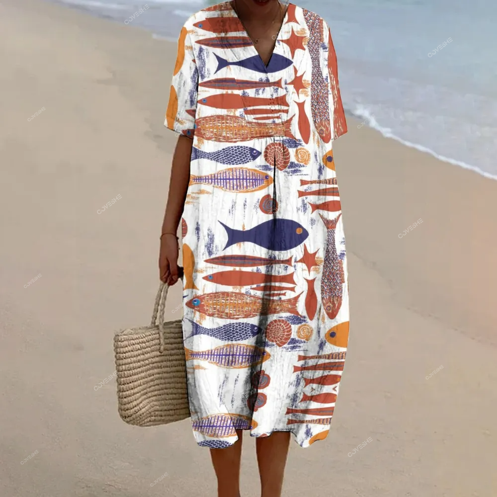 Women's Vintage Fish Printed Flowy Dress