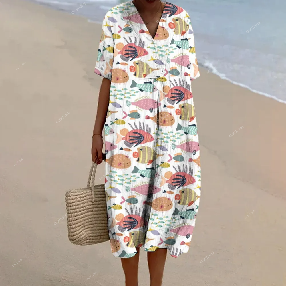 Women's Colorful Fish Printed Flowy Dress