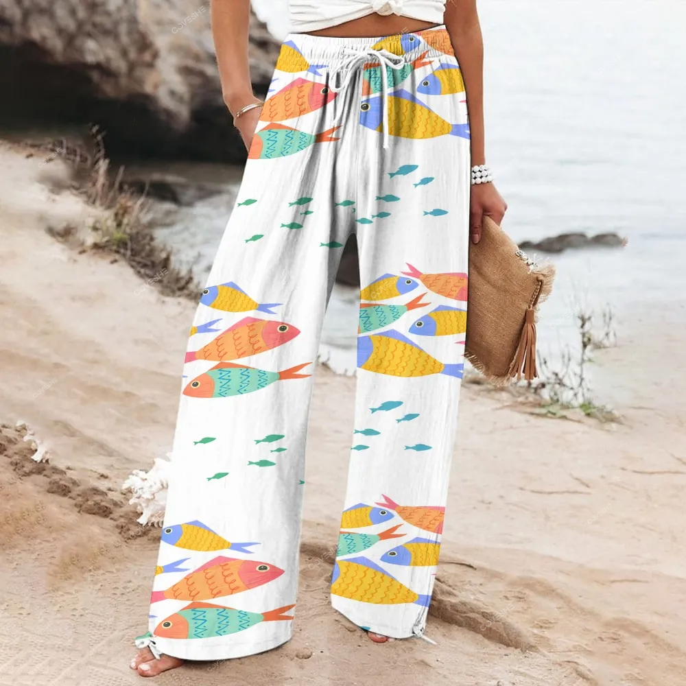 Women's Wide Leg Casual Colorful Cartoon Fish Printed Pants