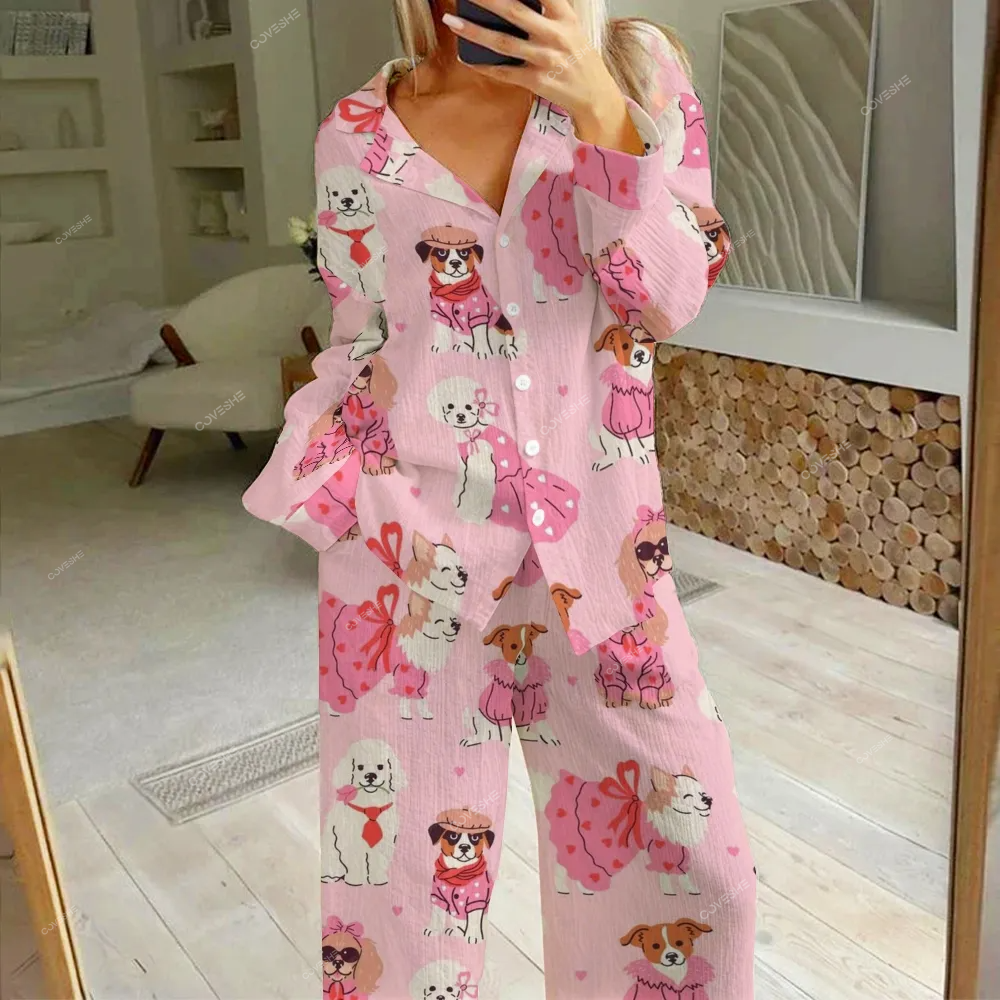 Women's Pink Heart Dog Printed Cotton Cardigan Homewear Set