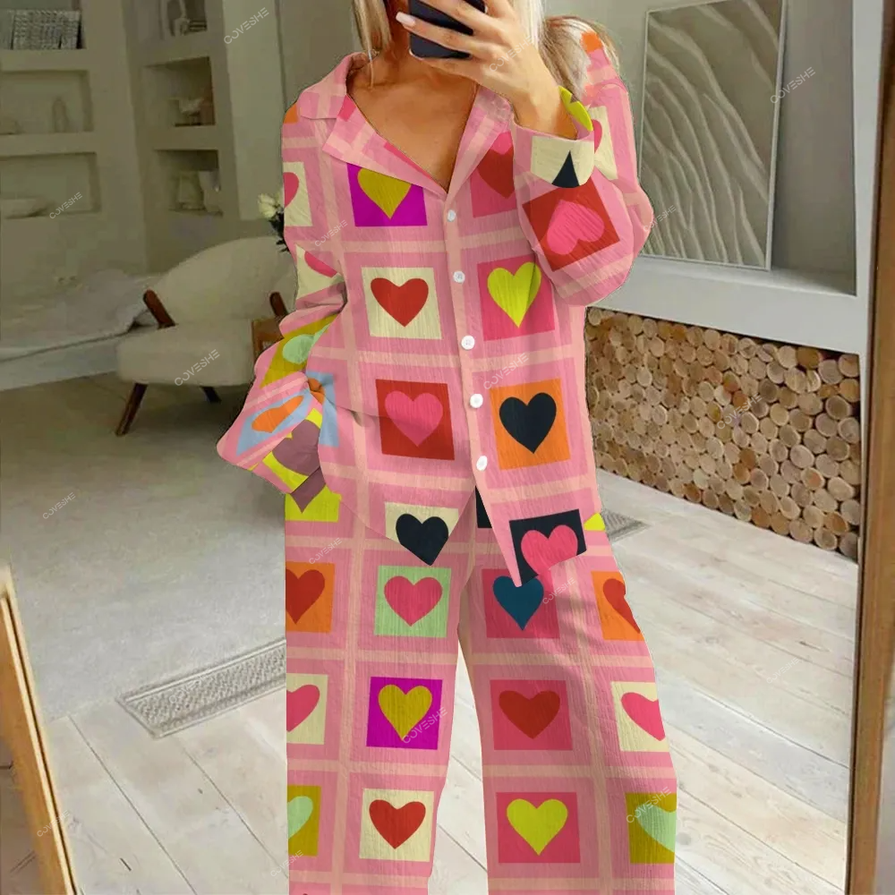 Women's Colorful Heart Printed Cotton Cardigan Homewear Set