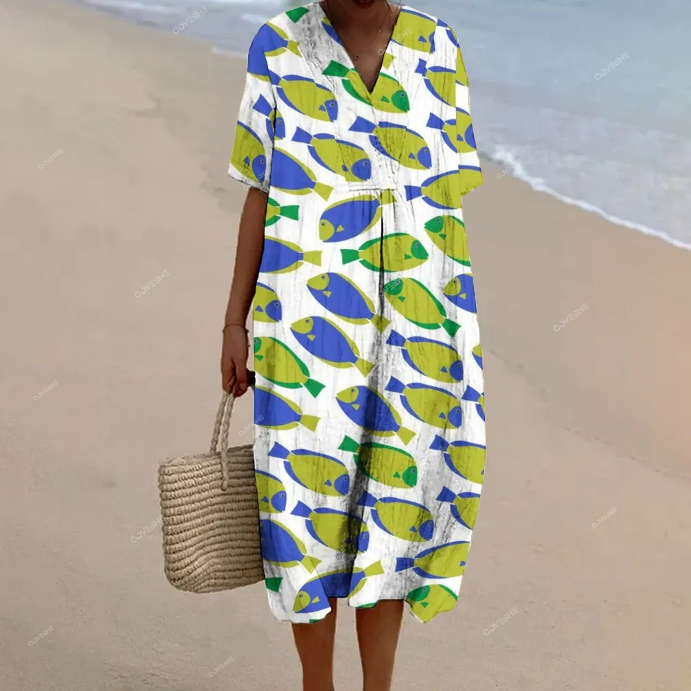 Women's Cartoon Fish Printed Flowy Dress