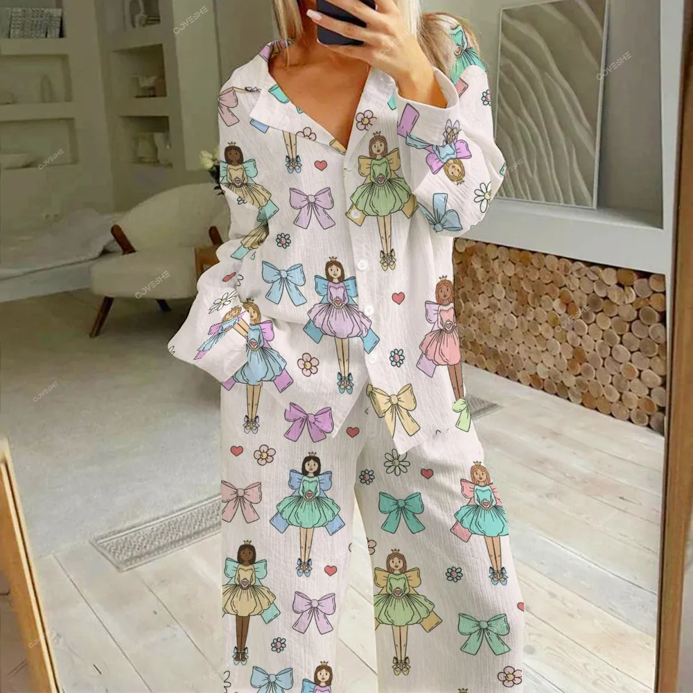 Women's Bow Girl Printed Cotton Cardigan Homewear Set