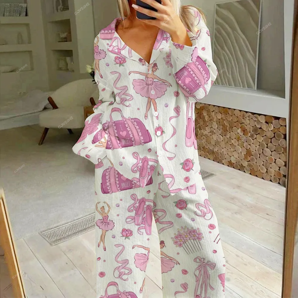 Women's Ballet Girl Printed Cotton Cardigan Homewear Set
