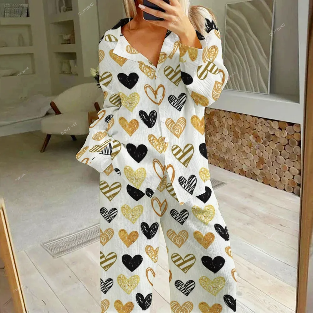 Women's Geometric Heart Printed Cotton Cardigan Homewear Set