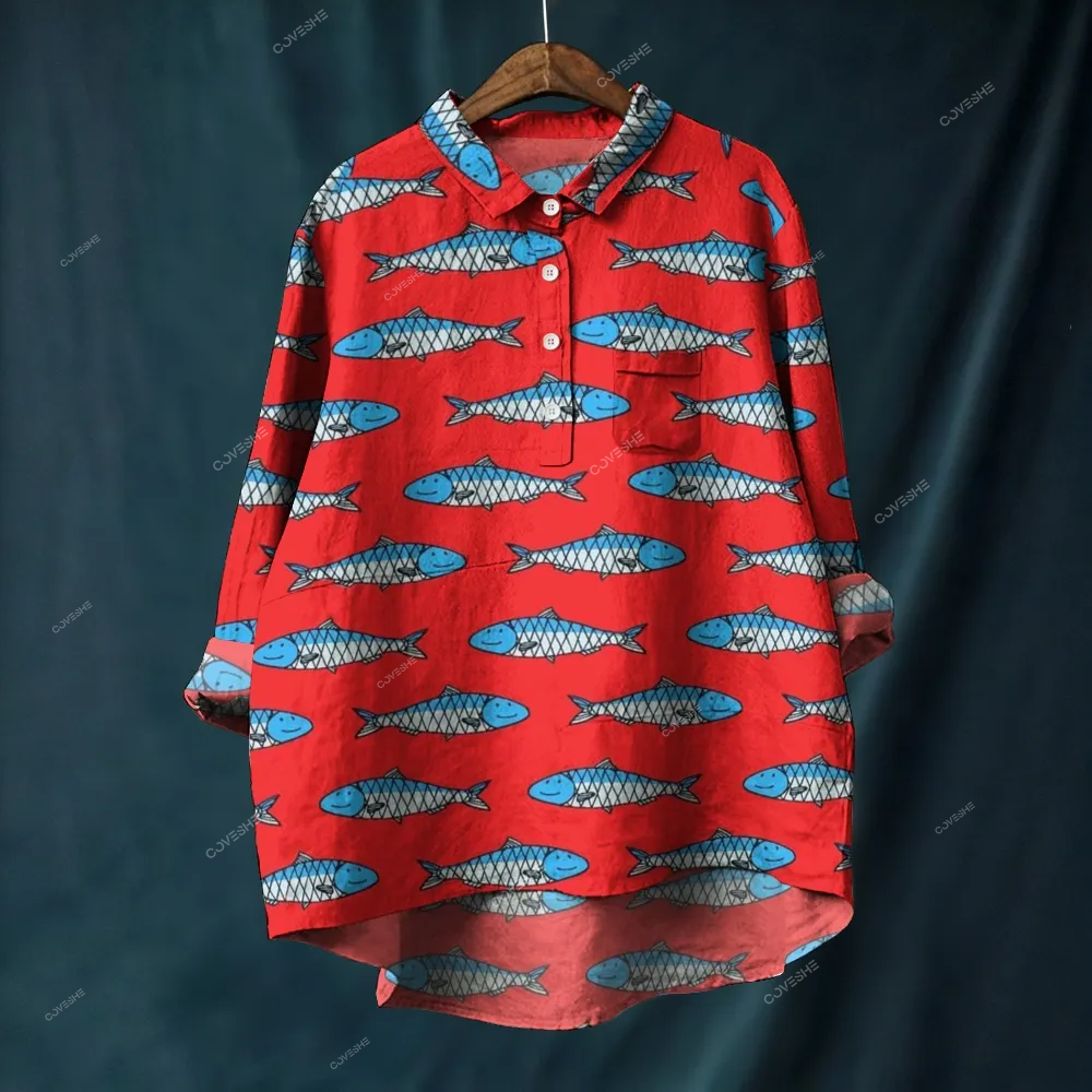 Women's Cartoon Sardine Printed Casual Long Sleeve Shirt