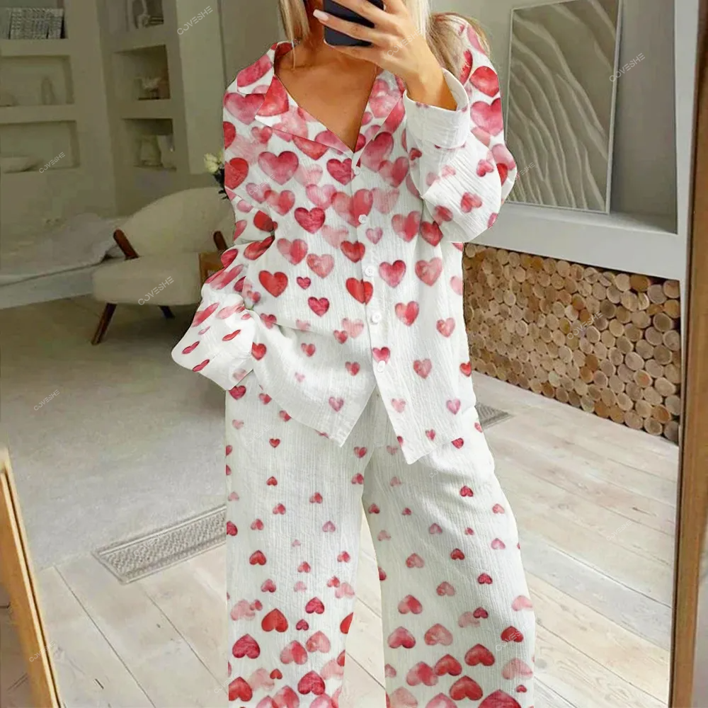 Women's Gradient Heart Printed Cotton Cardigan Homewear Set