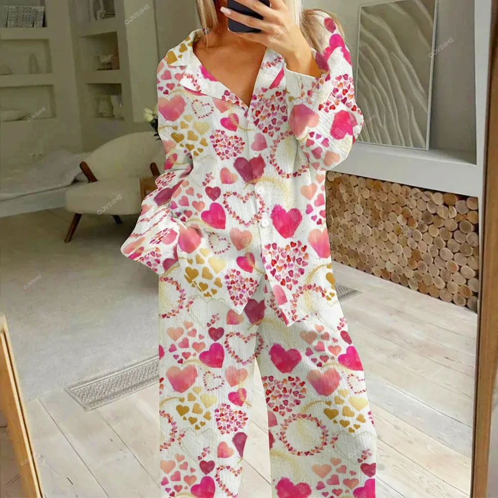 Women's Heart Printed Cotton Cardigan Homewear Set