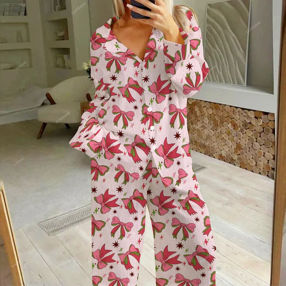 Women's Colorful Bow Printed Cotton Cardigan Homewear Set