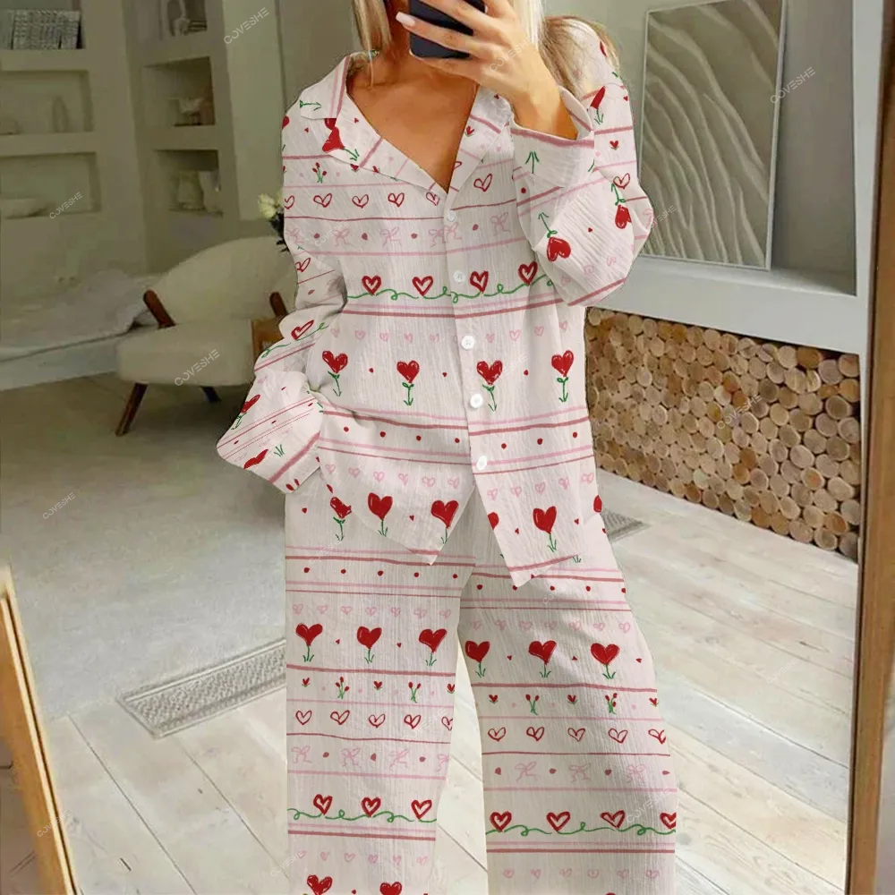 Women's Heart Flowers Printed Cotton Cardigan Homewear Set
