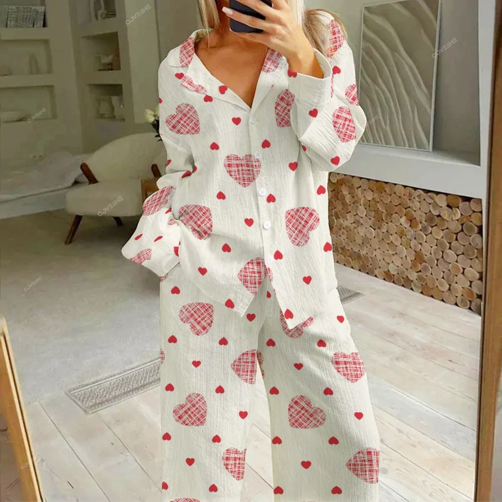 Women's Heart Printed Cotton Cardigan Homewear Set
