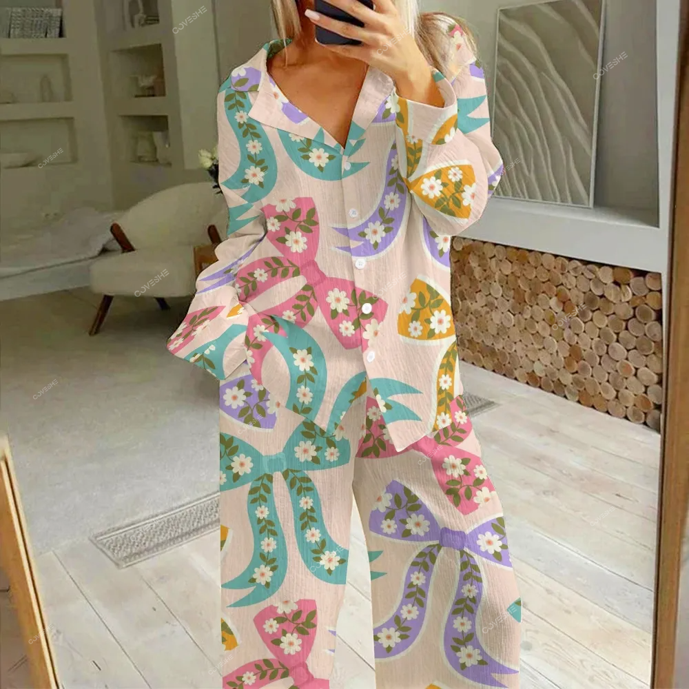 Women's Flowers Butterfly Printed Cotton Cardigan Homewear Set