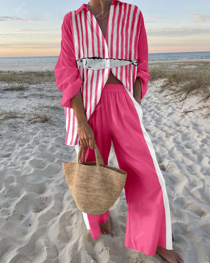 Vacation Style Pink Print Shirt & Pants Two-Piece Set